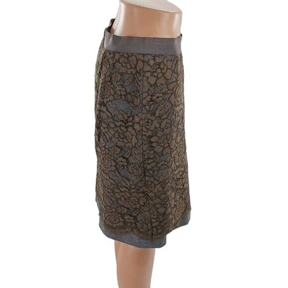 LOFT Skirt Womens Size 6P Brown Gray Lace Overlay Lined Classic Straight Petite - Picture 5 of 8